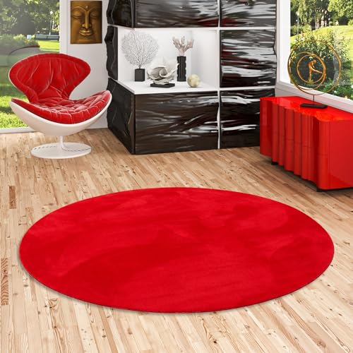 Kunstfaser Teppich Wohnzimmer Luxus Super Soft Fellteppich Pearl Rot Rund in 3 Größen von Pergamon