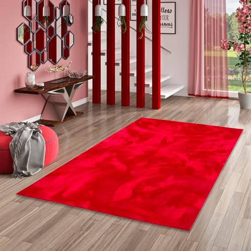 Kunstfaser Teppich Wohnzimmer Luxus Super Soft Fellteppich Pearl Rot in 5 Größen von Pergamon