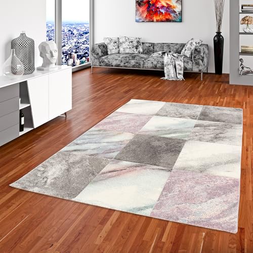 Kurzflor Wohnzimmer Designer Teppich Maui Pastell Marmor Optik Grau Rosa in 5 Größen von Pergamon
