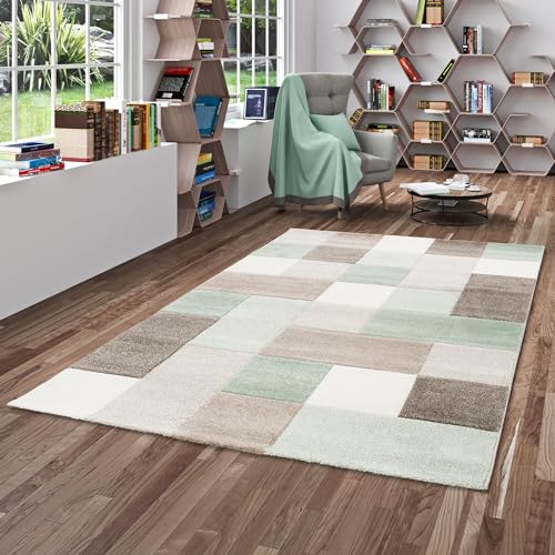 Maui Designer Teppich Pastell Grün Beige Karo in 4 Größen von Pergamon