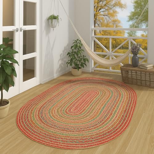 Oval Jute Teppich Salsa Bunt mit Baumwolle - Handgefertigt aus strapazierfähiger Naturfaser - Schlichtes Design mit geflochtenem Muster - Verschiedene Größen verfügbar von Pergamon