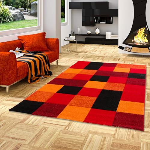 Pergamon Designer Teppich Brilliant Rot Orange Karo in 4 Größen von Pergamon
