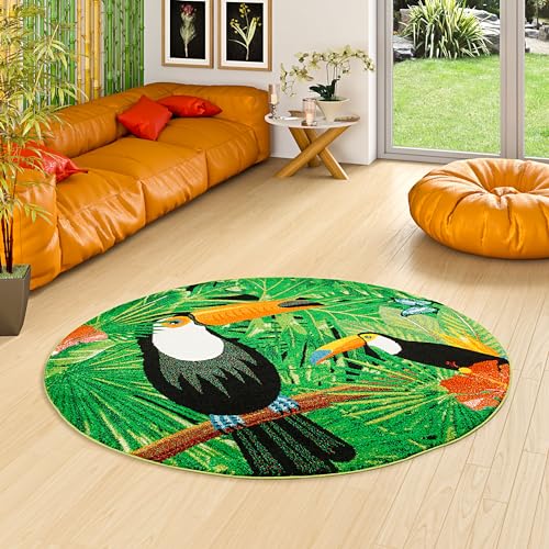 Pergamon Designer Teppich Faro Tropical Tukan Grün Rund in 3 Größen von Pergamon