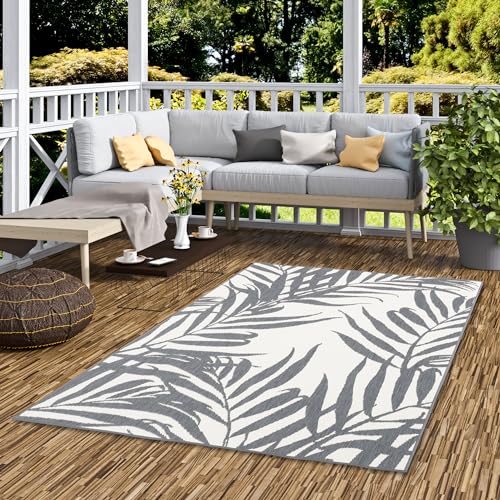 Pergamon In- & Outdoorteppich Cape Cod Blätter Grau Creme, Beidseitig Verwendbar, Wasserdicht, UV-Resistent, Pflegeleicht, Modernes Design - Vielfältige Größen von Pergamon