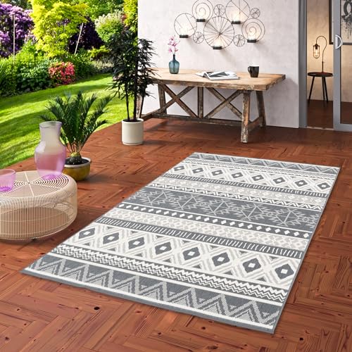 Pergamon In- & Outdoorteppich Cape Cod Ethno Grau Creme, Beidseitig Verwendbar, Wasserdicht, UV-Resistent, Pflegeleicht, Modernes Design - Vielfältige Größen von Pergamon