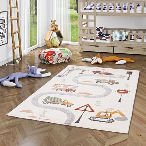 Pergamon Kinder Teppich Maui Kids Baustelle Bunt - Weicher Spielteppich mit Dinosaurier-Motiven für Kinderzimmer & Spielzimmer, Pflegeleicht und Farbbrillant von Pergamon
