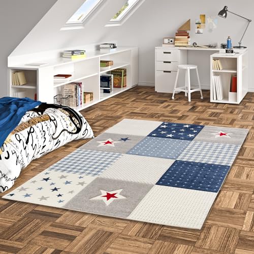 Pergamon Kinder Teppich Maui Kids Karo Blau Sterne in 5 Größen von Pergamon