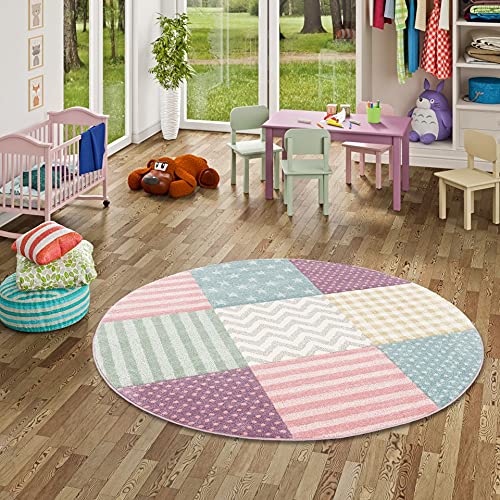 Pergamon Kinder Teppich Maui Kids Pastel Bunt Karo Sterne Rund in 3 Größen von Pergamon