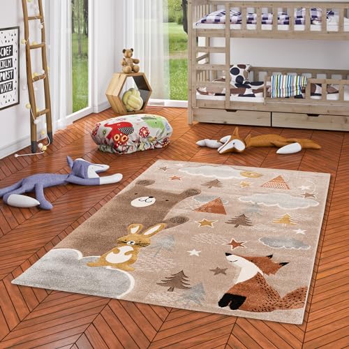 Pergamon Kinderzimmer Teppich Kurzflor Maui Kids Fuchs und Bär Beige Braun in 5 Größen von Pergamon