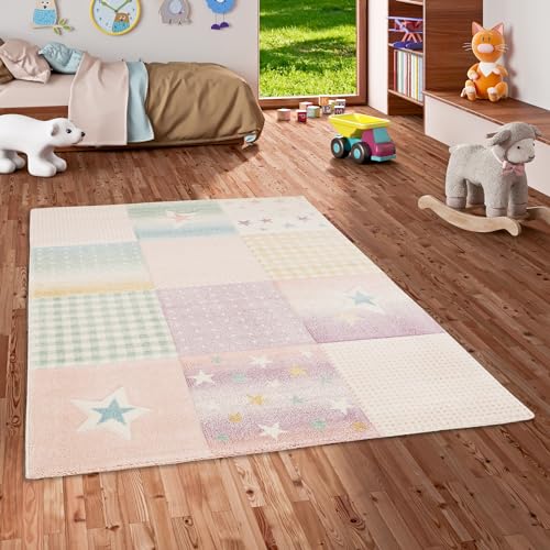 Pergamon Kinderzimmer Teppich Kurzflor Maui Kids Pastell Rosa Türkis Karo Stars in 5 Größen von Pergamon