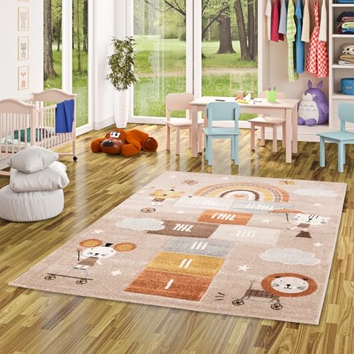 Pergamon Kinderzimmer Teppich Kurzflor Maui Kids Spielwelt mit Tieren Beige Braun in 5 Größen von Pergamon