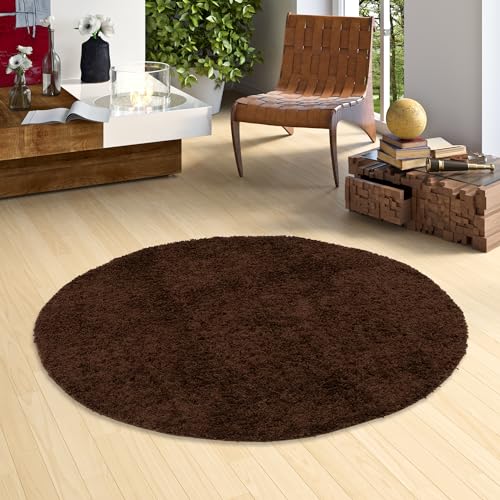 Pergamon Moderner Wohnzimmer Hochflor Langflor Shaggy Teppich Fluffy Rund Dunkelbraun in 3 Größen von Pergamon