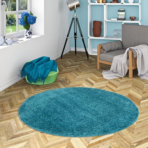 Pergamon Moderner Wohnzimmer Hochflor Langflor Shaggy Teppich Fluffy Rund Türkis in 3 Größen von Pergamon