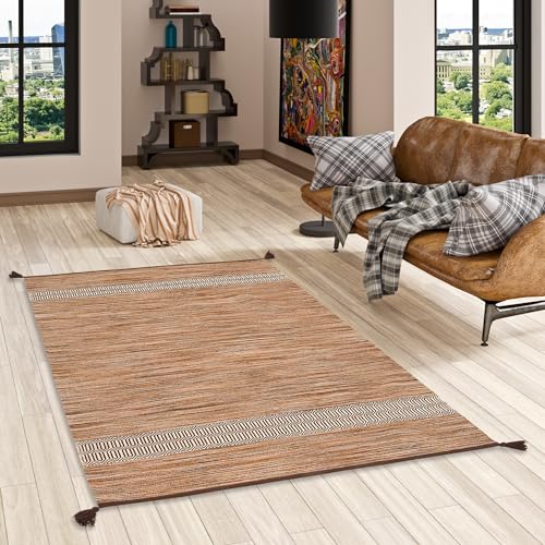 Pergamon Natur Teppich Bauwolle Kelim Toskana Beige Braun | Naturteppich Handgewebt Pflegeleicht für Küche Flur Wohnzimmer von Pergamon