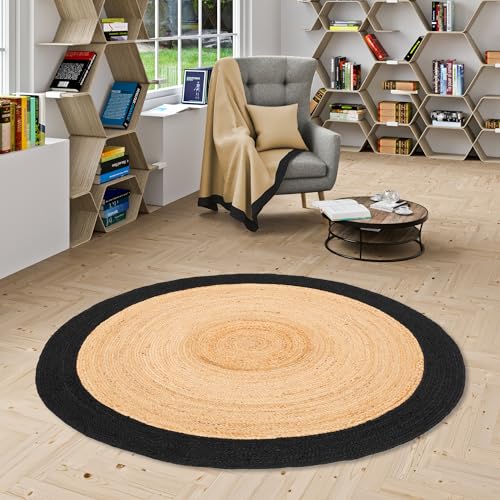 Pergamon Natur Teppich Handgefertigt Jute Rund Wohnzimmer Boho mit Bordüre oder Ethno Style von Pergamon