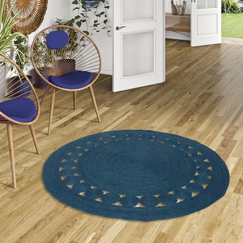Pergamon Natur Teppich Handgefertigt Jute Rund Wohnzimmer Boho mit Bordüre oder Ethno Style von Pergamon