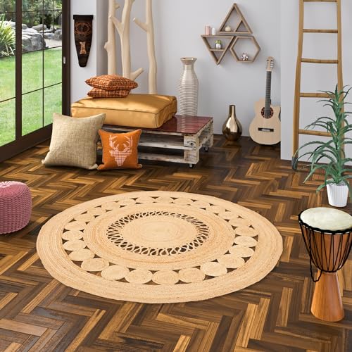 Pergamon Natur Teppich Handgefertigt Jute Rund Wohnzimmer Boho mit Bordüre oder Ethno Style von Pergamon