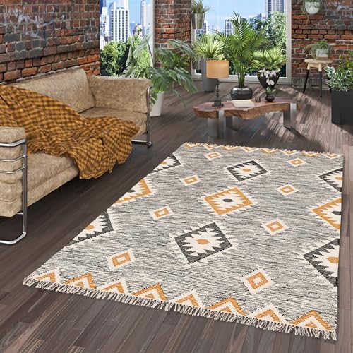 Pergamon Natur Teppich Kelim Handgewebt Wolle Eva Grau Curry Rauten in 7 Größen von Pergamon