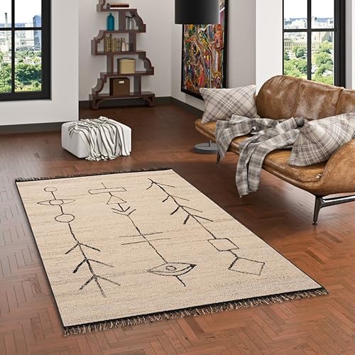 Pergamon Teppich Kurzflor Flachgewebe mit Fransen Jute Natur Ethno Style Origin Beige Schwarz in 5 Größen von Pergamon