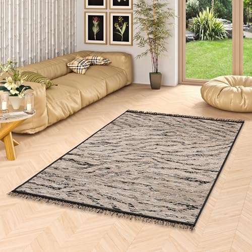 Pergamon Teppich Kurzflor Flachgewebe mit Fransen Jute Natur Ethno Style Teppich Origin Beige Schwarz Animal Print in 5 Größen von Pergamon