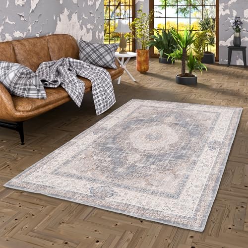 Pergamon Vintage Designerteppich Flachgewebe, Pflegeleicht, Used-Look, Teppich Finesse Orient Grau Beige Medaillon in 5 Größen von Pergamon