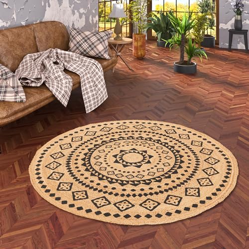 Runder Jute Teppich Salsa - Handgefertigt aus strapazierfähiger Naturfaser - Schlichtes Design mit Ethno Muster - Verschiedene Größen verfügbar von Pergamon