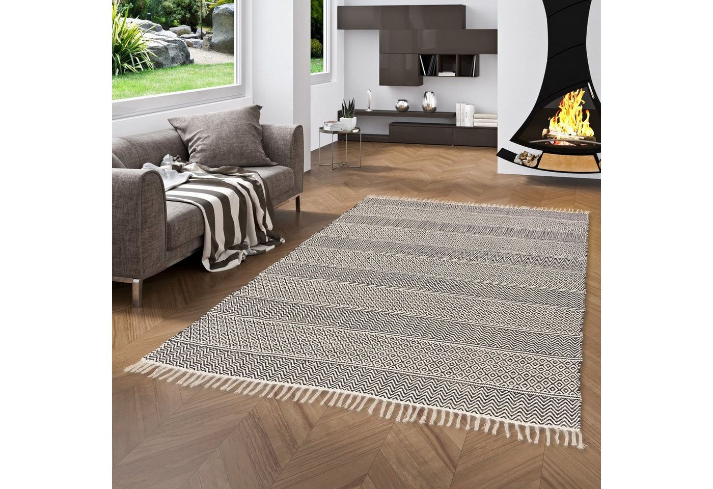 Wollteppich Baumwolle Natur Kelim Teppich Sandy Stripes, Pergamon, Rechteckig, Höhe: 8 mm von Pergamon