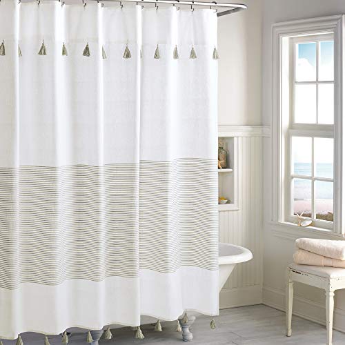 Peri Home Panama Stripe Boho Farmhouse Quaste Duschvorhang 100% Baumwolle Stoff Duschvorhang mit Quasten für Badezimmer Dekor, 183 x 183 cm, Taupe von Peri Home