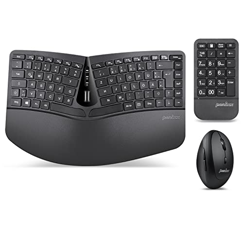 Perixx PERIDUO-606A, 3-in-1 Kabellose kompakte ergonomische Tastatur mit vertikaler Maus und numerischem Tastenfeld - verstellbare Handballenauflage - Kippbares Rad - Flache Tasten - QWERTZ von Perixx