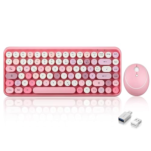 Perixx PERIDUO-713 Kabelloses Mini Tastatur und Maus Desktop Set, Retro Vintage Schreibmaschinen Design, Pink Rosa, QWERTZ von Perixx