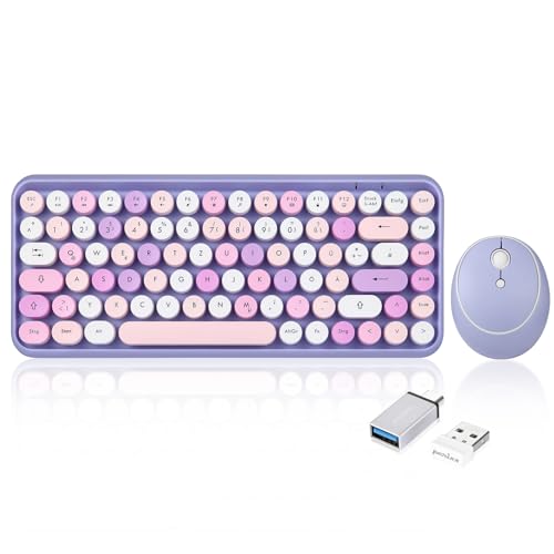 Perixx PERIDUO-713PP Kabellose Mini-Tastatur und Maus-Kombination - Retro runde Tastenkappen- Pastell Lila Flieder - Deutsches QWERTZ Layout von Perixx