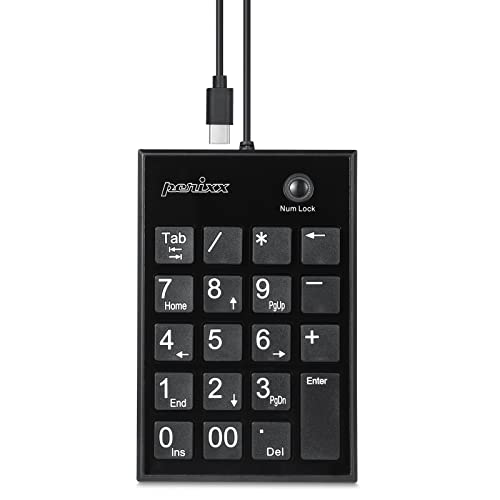 Perixx PERIPAD-202C Kabelgebundener USB-C Nummernblock - Flache Scherenstrukturtasten mit 2 USB-A Hubs und Tab Taste - Kompatibel für Tablet, Laptop, PC - Schwarz von Perixx