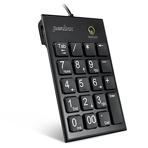 Perixx PERIPAD-202HB, Nummernblock für Laptop - USB - 2 Zusatz-USB-Hubs - Tab-Taste - Full Size 19 Tasten - große Zeichen - Leise Scherentasten - Schwarz von Perixx