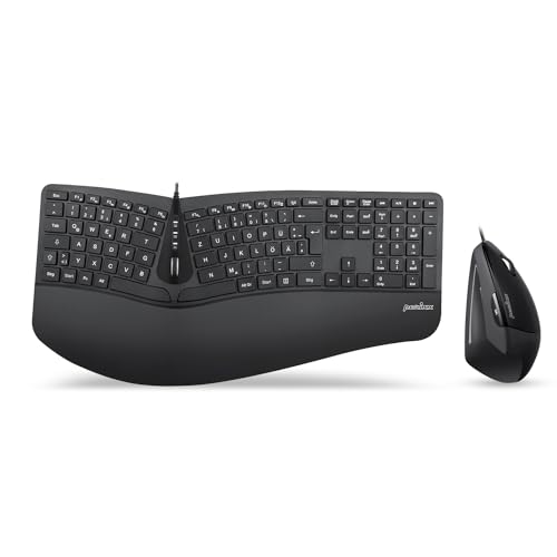 Perixx Periduo-505, Ergonomische Tastatur und Vertikale Maus Desktop Set, Geteiltes Tastenfeld, 4-Wege-Scrollrad, Anpassbare Handballenauflage, Flache Tasten, USB-Kabelgebunden, DE QWERTZ von Perixx