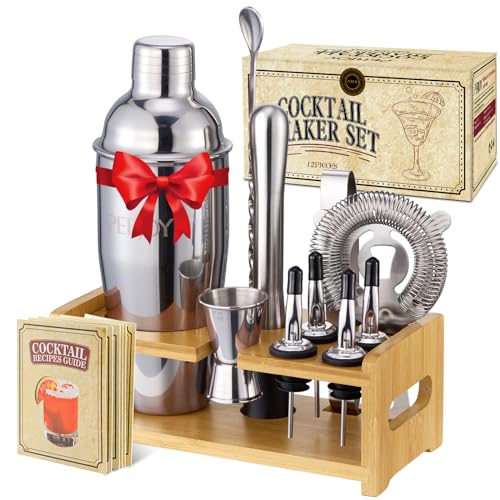 Perjoy 12pcs Cocktail Shaker mit Ständer, Rostfreie Stähle Cocktail Set Mit Doppelten Jigger, Einer Eiszange, Cocktailshaker, Cocktail Mixen, Muddler, Sieb, Cocktail Bar Zubehör (12 Stück mit Ständer) von Perjoy