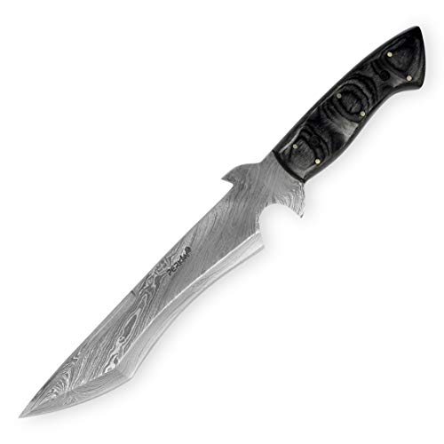 Perkin Damast Jagdmesser mit Feststehender Klinge, Full Tang Griff, Handgeschmiedete Damaszener Stahlklinge, Schwarz von Perkin
