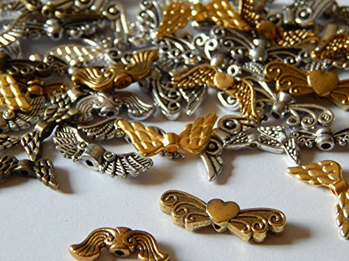 100 Engelflügel Flügel Perlen für Schutzengel Mix Metall Silber/Gold div Größen Formen von Perlenlädchen