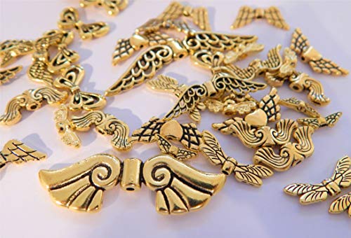 100 Engelflügel Flügel Perlen für Schutzengel Mix Metall Gold div Größen Formen 12-44mm von Perlenlädchen