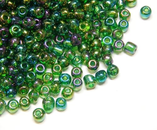 1100 Stück Glas Rocailles Perlen 4mm, 6/0, Pony Perlen, Rund Mini Perlen, Seed Beads, (Grün AB Transparent) von Perlin