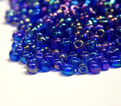 1100 Stück Glas Rocailles Perlen 4mm, 6/0, Pony Perlen, Rund Mini Perlen, Seed Beads, (Royalblau AB Transparent) von Perlin