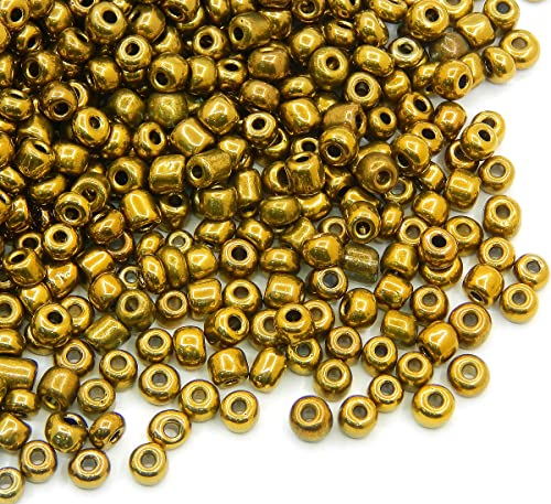 1100 Stück Glas Rocailles Perlen 4mm Metallic Farbe Set, 6/0, Pony Perlen, Klar Mini Rund Perlen, Metalic Seed Beads, (Antik Gold) von Perlin