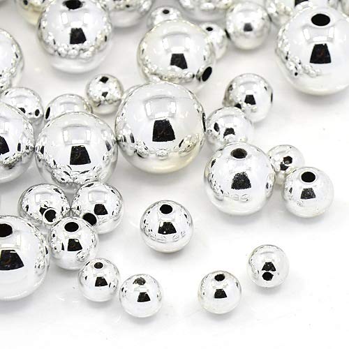 Perlin 375 stück Kunststoffperlen Zwischenperlen Poliert Metallic Silber Perlen 4/6/8/10 mm Acrylicperlen Perlenset Bastelset von Perlin