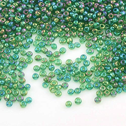 6500 Stück Glas Rocailles Perlen 2mm Transparent Rainbow Farbe Set, 4 Farben, 11/0, Pony Perlen, Klar Mini Rund Perlen, Seed Beads (Grün AB) von Perlin