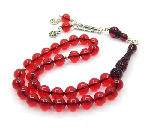 Gebetskette Gebetsperlen Tesbih Tasbih Tespih Misbaha Subha 33, 10mm Rund Form Muslimisches Islamic Rosenkranz mit Ethnic Gebet Perlen Schmuck Armbänder (Rot) von Perlin