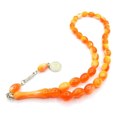 Gebetskette Gebetsperlen Tesbih Tasbih Tespih Misbaha Subha 33, 12mm Oval Form Muslimisches Islamic Rosenkranz mit Ethnic Gebet Perlen Schmuck Armbänder (Orange Weiss) von Perlin
