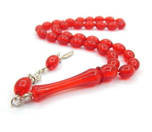 Gebetskette Gebetsperlen Tesbih Tasbih Tespih Misbaha Subha 33, 12mm Oval Form Muslimisches Islamic Rosenkranz mit Ethnic Gebet Perlen Schmuck Armbänder (Rot) von Perlin