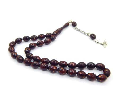 Perlin Gebetskette Tesbih Tasbih Tespih Misbaha Subha 33, Braun Ovalform Muslimisches Islamic 10mm Gefleckte Perle Rosenkranz Gebetsperlen Schmuck Armbänder Anbetungszubehör von Perlin