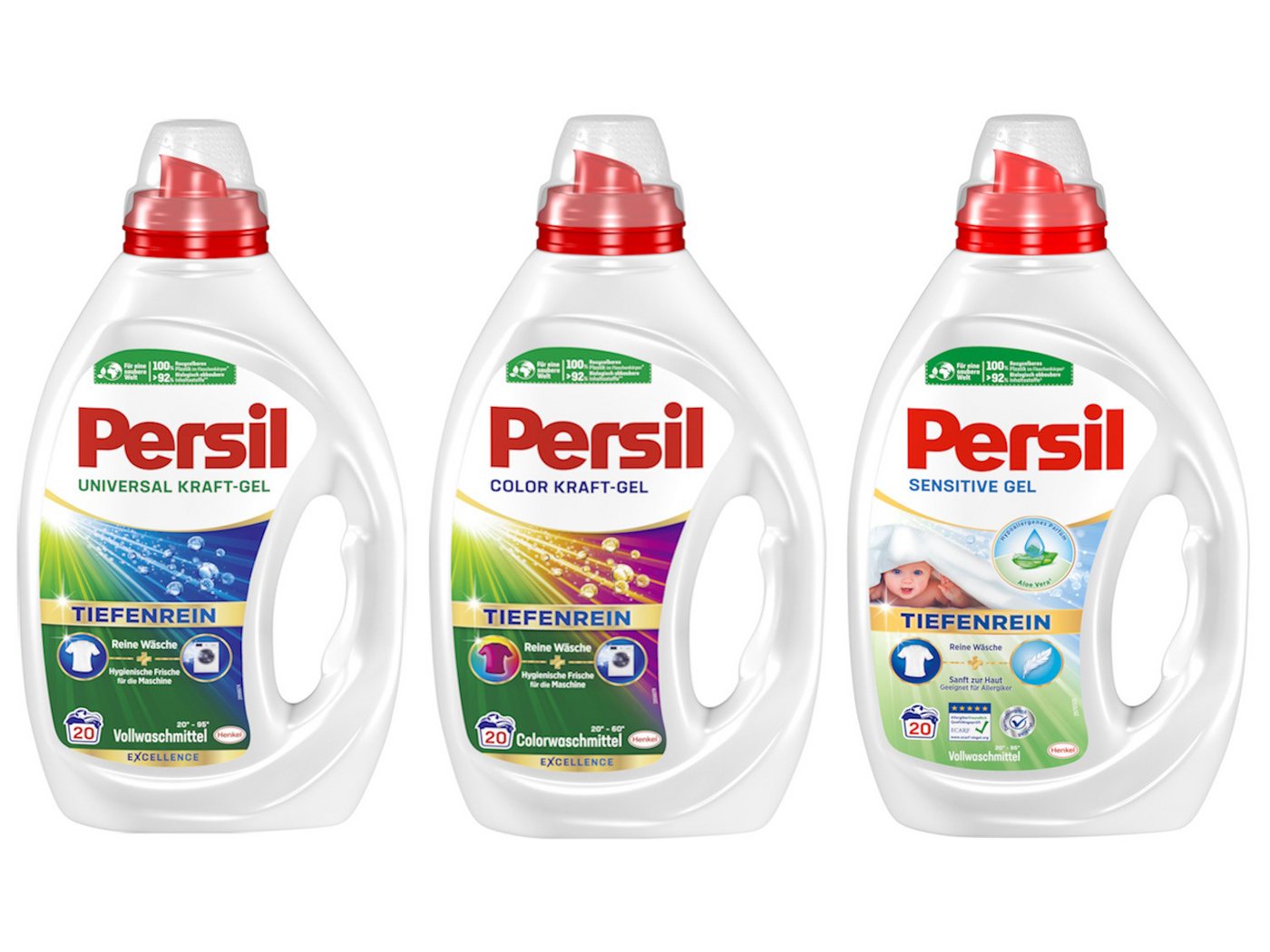 Persil Color & Kraft-Gel Universal & Sensitive Gel (3x 900ml) Feinwaschmittel (Spar-Set, [3-St. mit Tiefenrein Technologie & Flüssigwaschmittel für Allergiker & Babys) von Persil