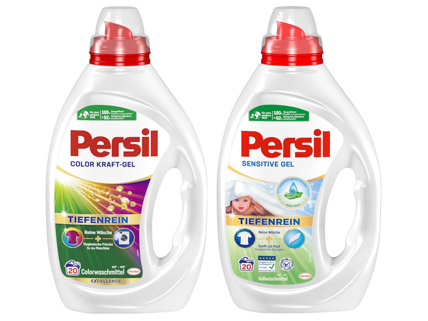 Persil Kraft Gel Color & Sensitive Gel 2 x 20 WL (40WL) Colorwaschmittel (Doppelpack, [2-St. Flüssigwaschmittel speziell für Allergiker & Babys - mit Tiefenrein Technologie) von Persil