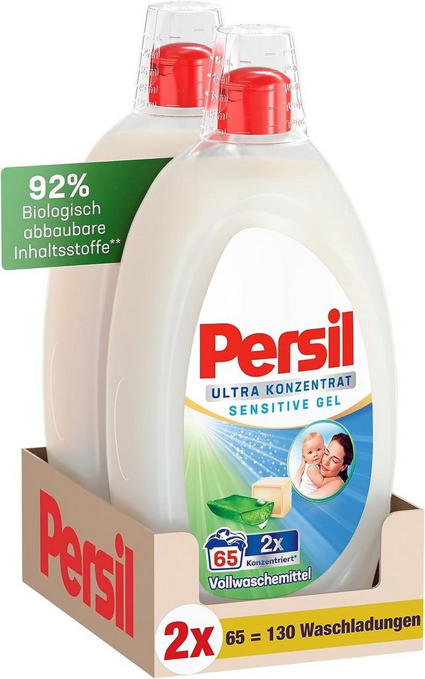 Persil Sensitive Gel Ultra Konzentrat (130 WL) Vollwaschmittel (Spar-Pack, [2-St. für Allergiker & Babys in kleinerer Flasche für weniger Plastik entfernt hartnäckige Flecken, dermatologisch getestet) von Persil